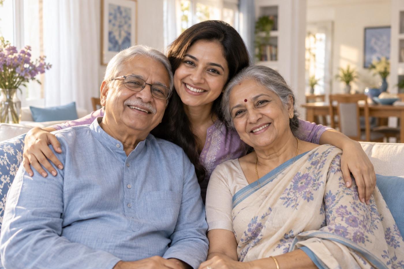 An elderly couple smiling with their daughter at home