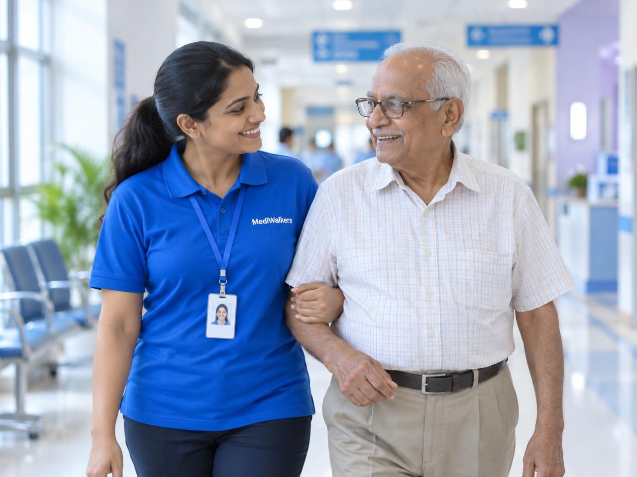 A care companion walking arm in arm with an elderly patient through a hospital corridor